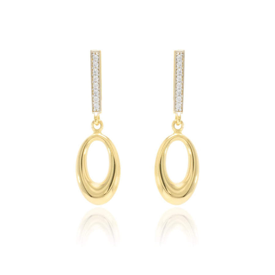 Pendientes largos caída circonitas con motivo oval oro amarillo