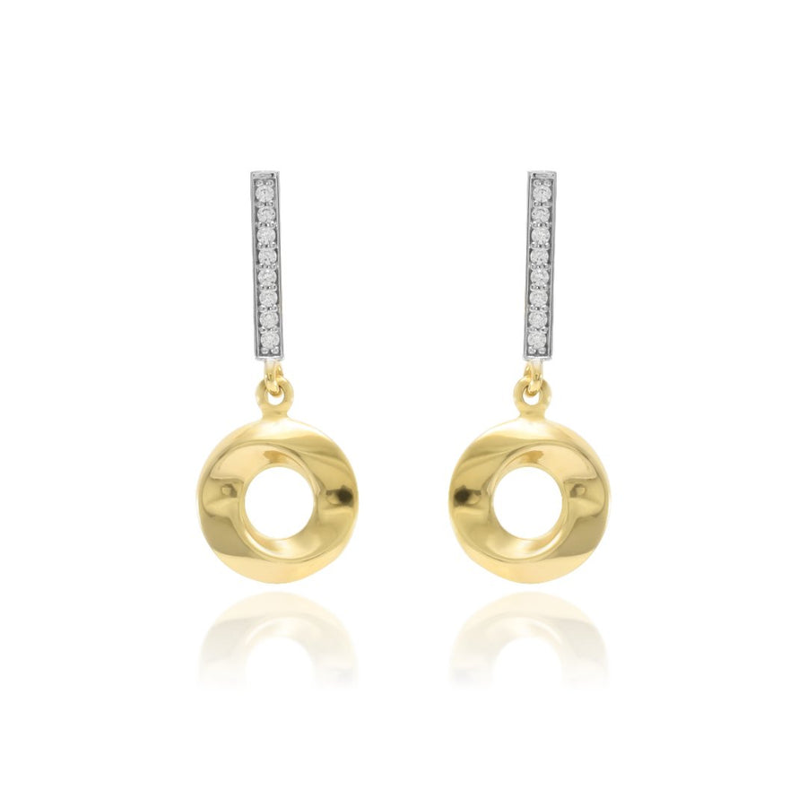 pendientes largos con caida circonitas y motivo circular en oro amarillo y blanco