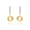 pendientes largos con caida circonitas y motivo circular en oro amarillo y blanco