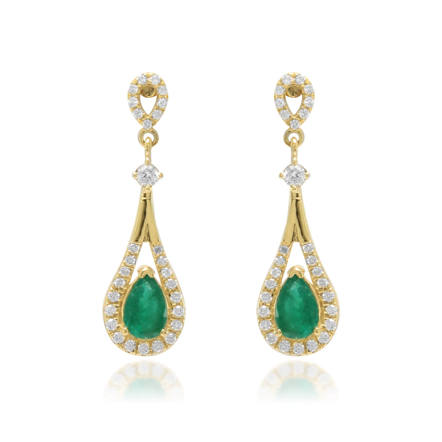 Pendientes estilo vintage realizados en oro amarillo de 18k con esmeraldas talla pera y diamantes