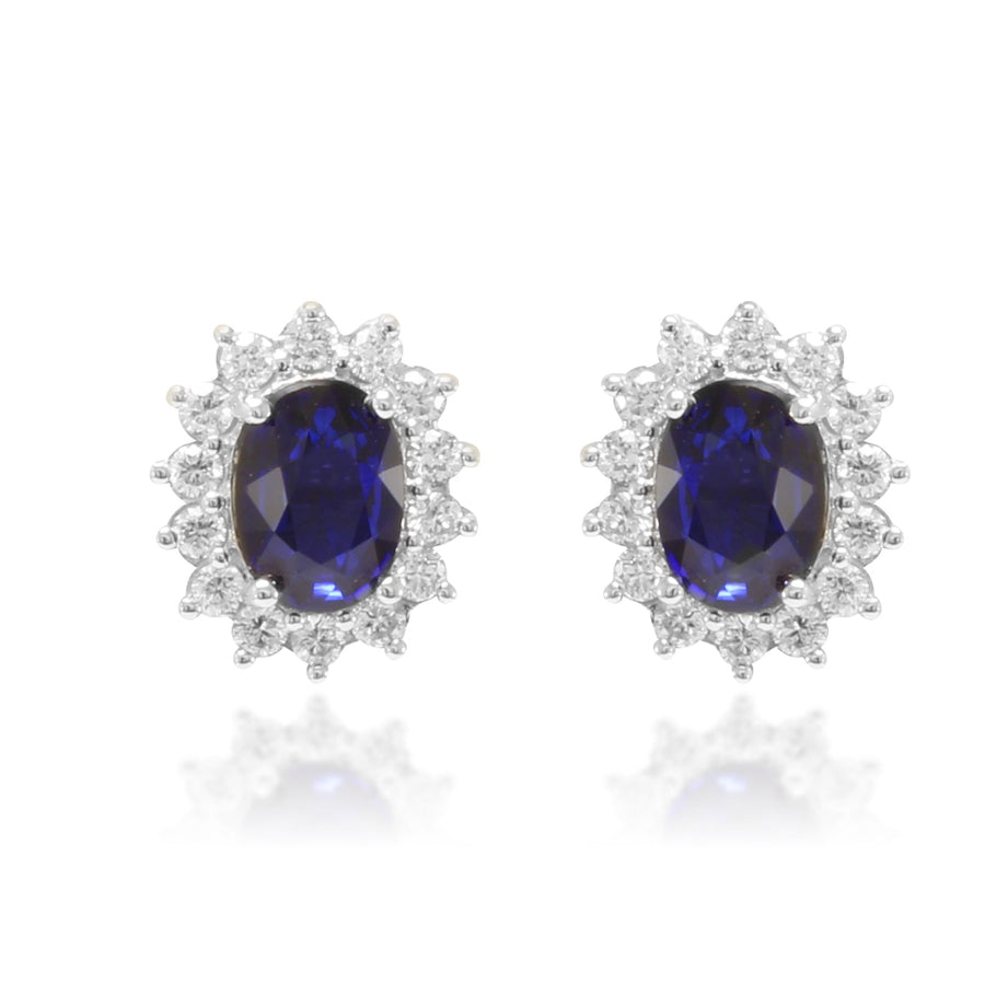 Pendientes estilo Lady Di realizados en oro blanco de 18k con diamantes y zafiro azul