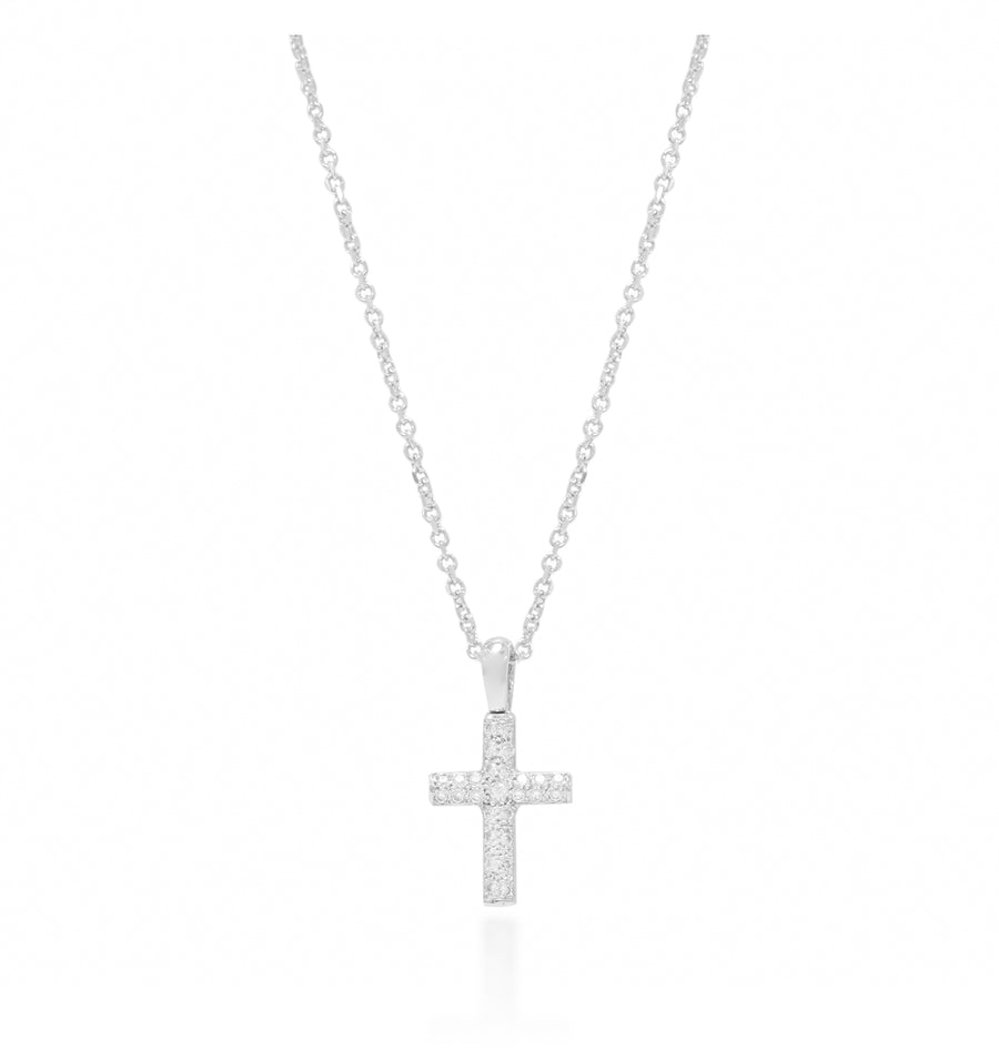 Gargantilla en oro blanco de 18 quilates con una cruz con un pavé de 17 diamantes talla brillante.