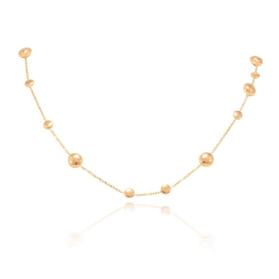 Gargantilla oro rosa de 18 quilates, bolas uniformes alternadas con cadena. La cadena mide 45,5cm. El motivo de mayor tamaños alcanza un diámetro de 7mm. 